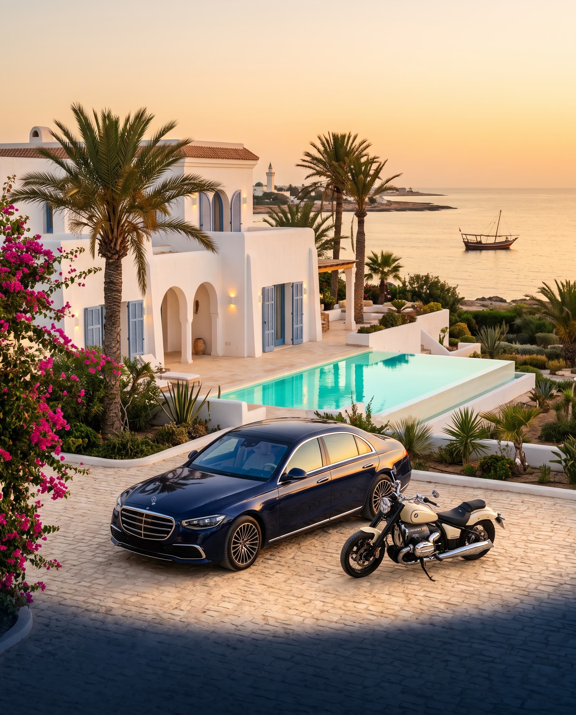 Villa mit Pool, elegantes Auto und Motorrad bei Sonnenuntergang auf Djerba